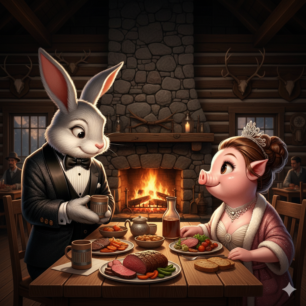 Guests in elegant winter formal attire by firelight.