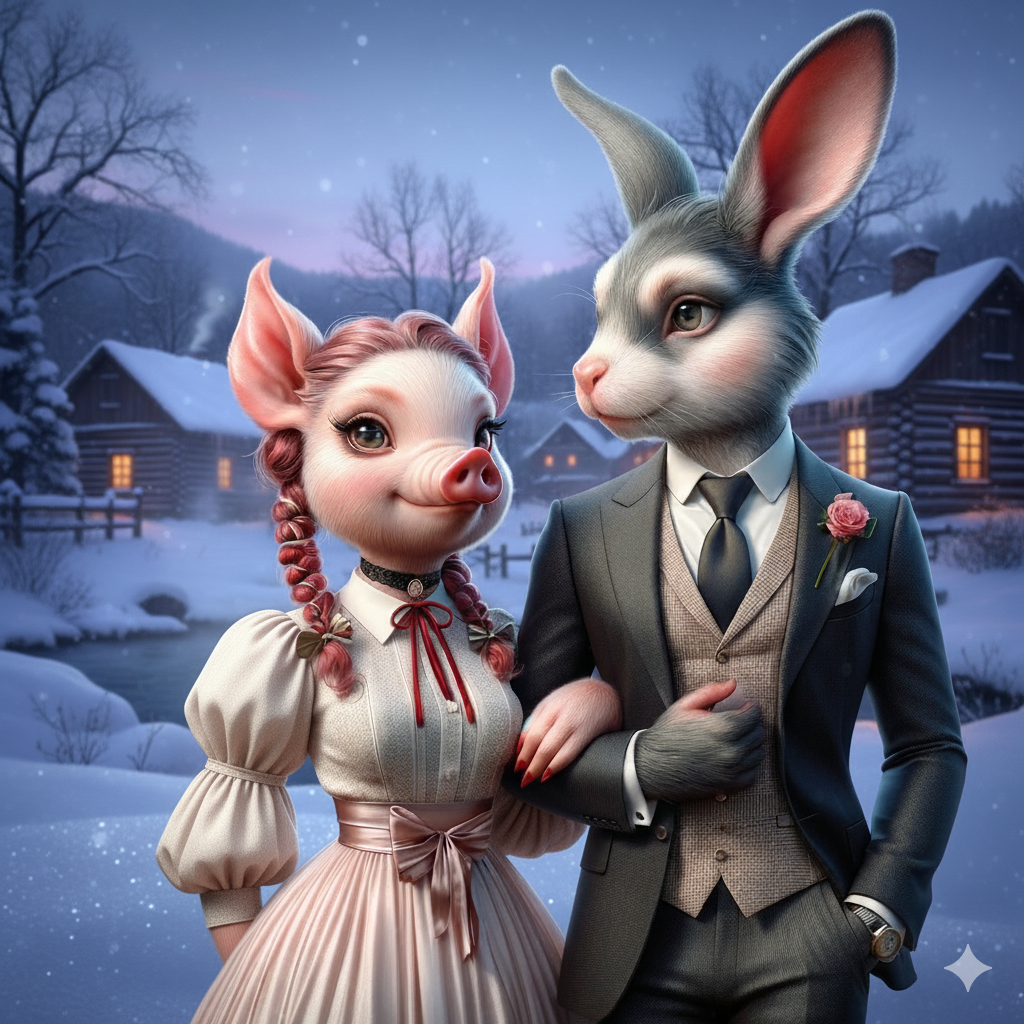 A couple in winter formalwear walking through snow.